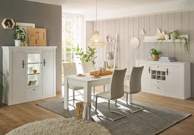 Produktbild von Esszimmer Set mit Beleuchtung, Pinie weiß im Landhaus-Stil, 4-teilig - RAPLA-61