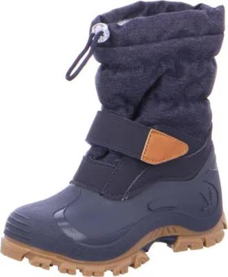 A single blue winter boot for boys is shown against a white background.
