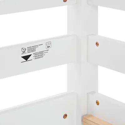 Produktbild von Homestyle4u Hochbett 90x200 Kinder mit Lattenrost mit Matratze Standard 100 Weiß Set Vorhang mit Rausfallschutz