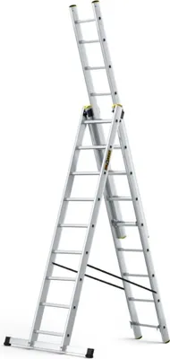 A multi-purpose aluminum ladder shown in an A-frame configuration against a white background.