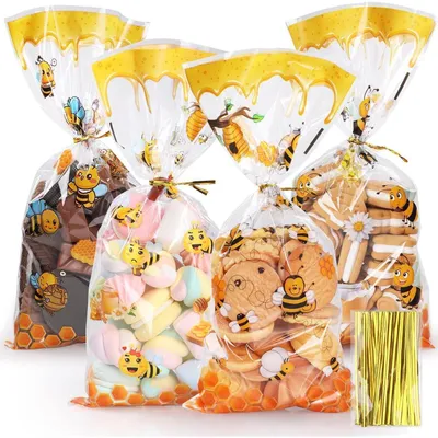 Productafbeelding van Zellophantentasjes voor verjaardagen, 100 stuks, 27 x 12,5 cm. Transparante cadeautasjes voor snoepjes en cadeautjes, inclusief 120 sluitstrips en 4 verschillende bijenmotieven