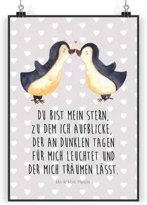 Produktbild von Mr. & Mrs. Panda Bild Pinguin Liebe DIN A4 - Grau Pastell - Geschenk, Freundin, drucke, wanddeko, Hochzeit, Pinguine, Liebesspruch, Kunstdruck, Plakat, Wandbild, Vertraut