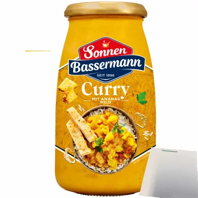 Produktbild von Sonnen Bassermann Curry Sauce mit Ananas (520g Glas) + usy Block