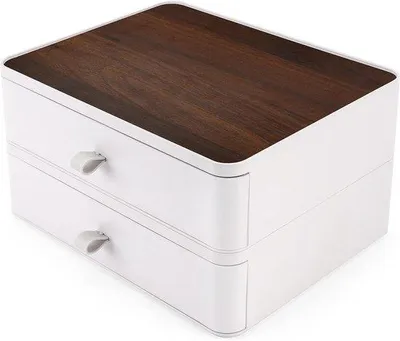 Image de Organiseur de bureau aspect bois, 2 tiroirs blancs, rangement de bureau en plastique