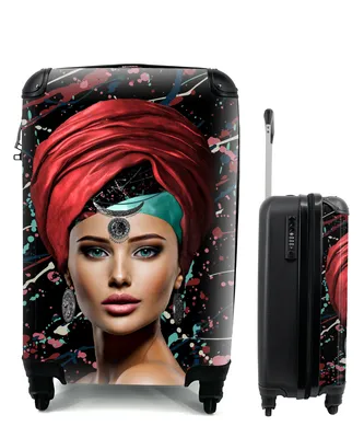 Produktbild von MuchoWow® Koffer Handgepäck Trolley Rollkoffer Kleine Reisekoffer mit 4 Rollen - Frau - Abstrakt - Rot - Cabin Size < 55x40x23 cm & 55x40x20 cm - Fotokoffer - Kabinenkoffer - Boardgepäck - Reise-Box - Reisekoffer - Reisegepäck - Koffer mit Bild - Trolley für Kinder