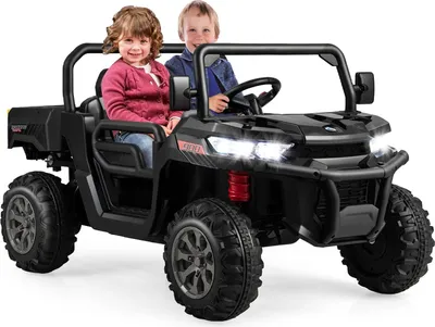 Immagine prodotto di COSTWAY Auto elettrica a 2 posti con pianale di carico automatico, camioncino ribaltabile per bambini 12V 3-8km/h con musica clacson fari telecomando e pala