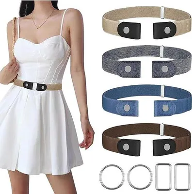 Produktbild von Unyqoos® 4er-Set verstellbarer Stretch-Gürtel ohne Schnalle, elastischer unsichtbarer Hosen‑ & Jeansgürtel bis 90 cm, Stoff-/Lederkopf, Grau/Blau/Beige/Braun, mit Metallring