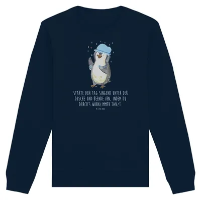 Produktbild von Mr. & Mrs. Panda Organic Sweater Pinguin Duschen Größe XXL - French Navy - Geschenk, Motivation, Sweatshirt, Nachhaltiger Pullover, Baden, Pulli, Baumwoll, Singen