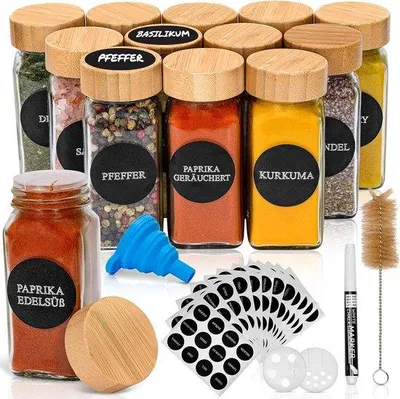 Produktbild von Gewürzgläser Set mit Gewürzetiketten - 12-teiliges Set mit Shakeraufsätzen