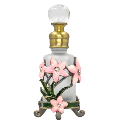 Produktbild von Vintage Leere Parfümflasche 15 ml für Parfum mit Pflaumenblüten-Motiv – Wiederauffüllbare Glasflasche mit Metallverschluss, Geschenk für Frauen
