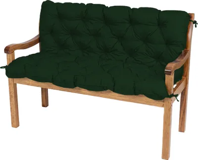 A dark green tufted cushion on a wooden garden bench.