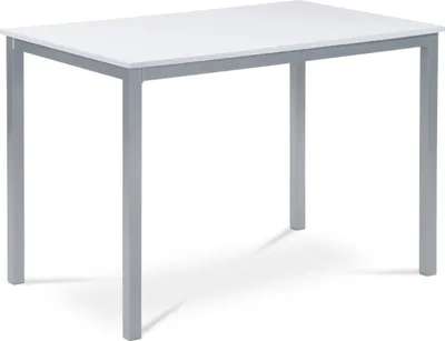 A white and gray dining table is shown against a white background.