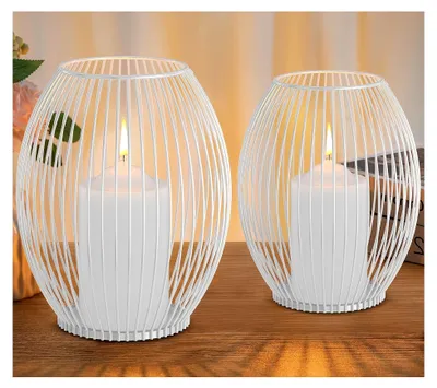 Produktbild von Kerzenständer 2er Set, Deko für Wohnzimmer, Schlafzimmer, Badezimmer, Windlicht Kerzenhalter für Stumpenkerzen, Tischdeko für Weihnachten, Hochzeit, Geschenk, Metall, Öffnen und Schließen, Weiß