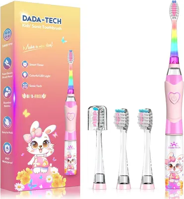Produktbild von Elektrische Kinderzahnbürste ab 2-12 Jahre mit Regenbogen LED Licht, 24000 Vibrationen, Timer, weiche Borsten, IPX7 wasserdicht