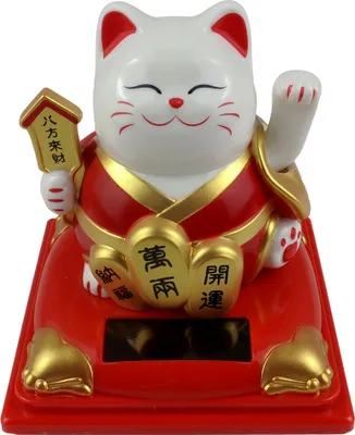 Produktbild von Glückskatze Maneki-Neko Kimono rot Solar 8cm weiß auf Sockel Winkekatze Lucky cat