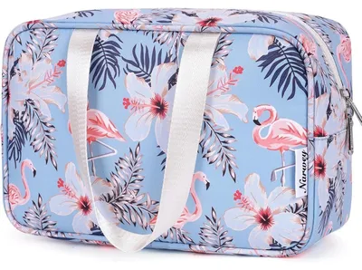 Productafbeelding van Kulturzak groot, toilettas, reistas, make-up organizer voor dames, aquarel flamingo design, 30x20x12 cm, waterafstotend