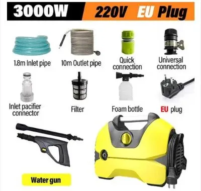 Image de Nettoyeur haute pression - Nettoyeur haute pression électrique portable - 2000–3999 W - 220 V - Tuyau de 1,8 m - Prise européenne - Jaune