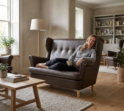 Produktbild von Zweisitzer-Sofa ARI Boston – Gestepptes Ohrensofa, Kunstleder in Braun, Family Meble, KI-generiertes Bild