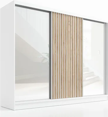 Produktbild von Schwebetürenschrank DIVER , 3-türig Schrank 200 cm Kleiderschrank mit 4 Schubladen, und 3D-Lamellen