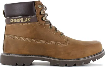 A side view of a brown Caterpillar work boot.