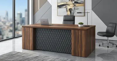 Image de Bureau moderne avec un devant décoratif en bois et en métal