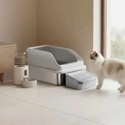 Produktbild von Feandrea Katzenklo Edelstahl, Katzentoilette, offenes Design, mit hohen Seitenwänden, Trittstufe, Schaufel, Bürste, für Katzen bis zu 15 kg