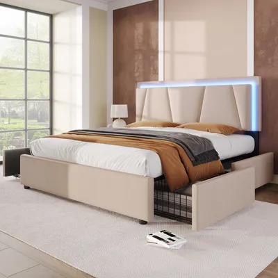 Produktbild von Beige 140x200cm Polsterbett (Ohne Matratze) mit LED-Beleuchtung und 4 Schubladen,Höhenverstellbarem Kopfteil,Doppelbett Stauraumbetten Bettgestell