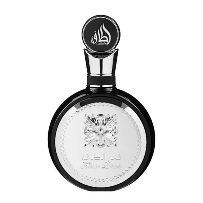 A black and silver perfume bottle with a decorative emblem and cap.