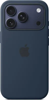 The back of a dark blue iPhone case with the Apple logo in the center and a camera module at the top.