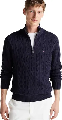 Immagine prodotto di Tommy Hilfiger, maglione con mezza zip in cotone monocolore blu scuro, maglia grossa
