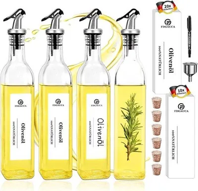 Productafbeelding van Set van 4 Olijfolieflessen 500 ml met Etiketten en Schenktuiten