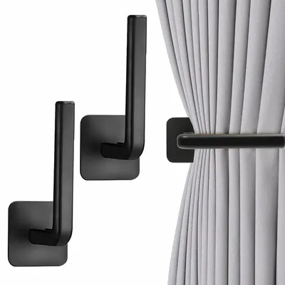 2 selbstklebende Gardinenhalter L-Form, schwarz, Kunststoff
