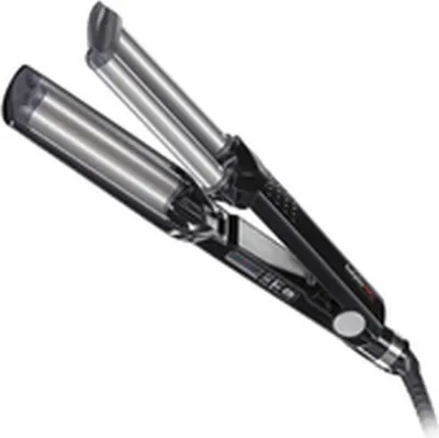 A black and silver curling iron is shown against a white background.
