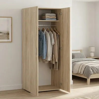 Image de Malvito - Armoire 2 Portes, 74x179h cm, Chêne Marron, Portemanteau