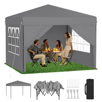 Obrázok produktu pre Sklápateľný pavilón 2,5 x 2,5 m, striebornošedý, so bočnými stenami, jednoduchá montáž jedným kliknutím, s možnosťou nastavenia výšky