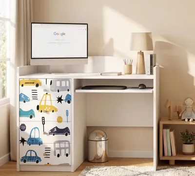 Immagine prodotto di Scrivania grande per bambini, 125x60 cm, bianca, con 4 cassetti. Scrivania per studenti con decorazioni, scrivania per computer, scrivania per studio per bambini e adolescenti, Immagine generata dall'IA