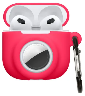 Produktbild von kwmobile 2-in1 Schutzhülle für Apple Airpods 4 Hülle - Kopfhörer Silicon Case kompatibel mit AirTag - stoßfestes Cover mit Karabiner - Neon Pink