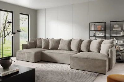 Produktbild von U-Form Ecksofa ANTONIO ABRIAMO-POSSO 362x148x70 cm mit Schlaffunktion & Bettkästen - Eckarniutur / Couch in Cord-Bezug - Dunkelbeige