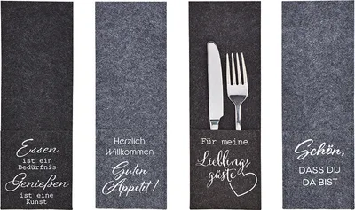Produktbild von Bestecktasche Sprüche aus Filz Grau 4-fach, (B/H) 9x26cm