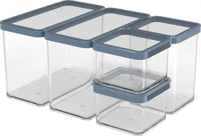 A set of five clear plastic food storage containers with blue lids, arranged in a group.