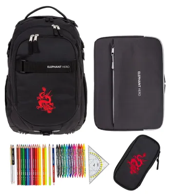 Produktbild von Schulrucksack Elephant Hero Signature 4 Teile Set Rucksack Schultasche + Mäppchen Box + Laptophülle + 31 tlg. Stifteset 12645 Black Dragon +rmlv