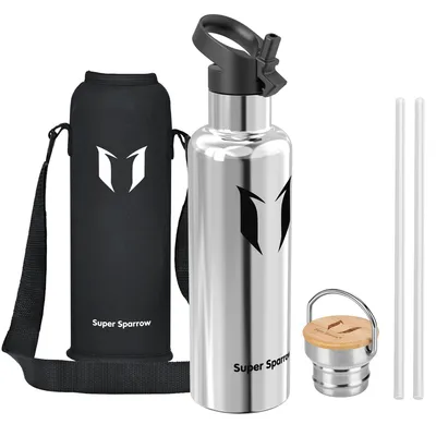 Produktbild von Super Sparrow Trinkflasche Edelstahl 1L - Auslaufsicher Thermoskanne, BPA-Frei Thermosflasche - Trinkflaschen Kinder für Sprudel, Sport, Schule, Fitness - Mit 2 Deckeln