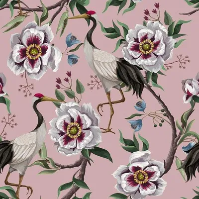 Produktbild von Azomor®️ Selbstklebende Vintage Rosa Blumen Tapete mit Vogel- und Kranichmuster