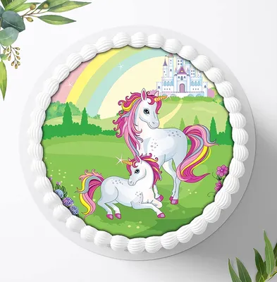 Produktbild von Für die Geburtstags Torte ein Tortenaufleger, Zuckerbild mit dem Motiv: Einhörner, Essbares Foto für Torten, Fondant, Ø 20cm, 0299z