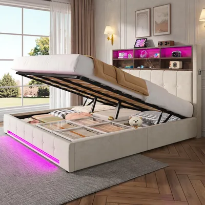Image de Lit en velours 180 x 200 cm avec éclairage LED et port USB-C, lit rembourré avec coffre de rangement hydraulique, tête de lit multifonctionnelle avec 6 compartiments et poches latérales pour chambre à coucher