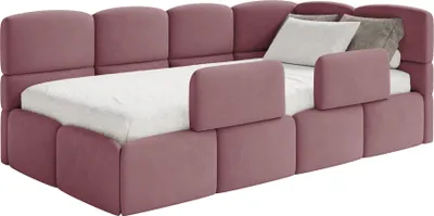 Produktbild von Selsey Cloudy – Kinderbett 120x200, Kopfteil rechts, Matratze & Bettkasten, Samt Rosa