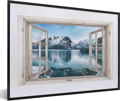 Produktbild von MuchoWow® Gerahmtes Poster Aussicht - Berg - Wasser 60x40 cm - Poster mit Schwarzem Bilderrahmen Wandposter Rahmen Foto Bilder - Schlafzimmer - Plakat in Rahmen - Drucken