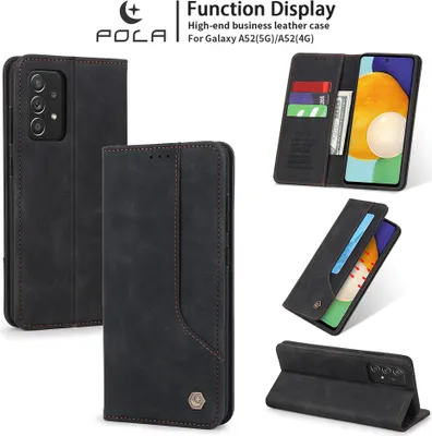 Produktbild von Galaxy A52 Hülle, LaimTop Retro Kunstledertasche Schutzhülle mit Kartenfach Standfunktion für Samsung Galaxy A52 5G / A52 4G Schwarz