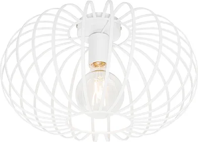 A white, cage-like ceiling lamp with a visible light bulb.
