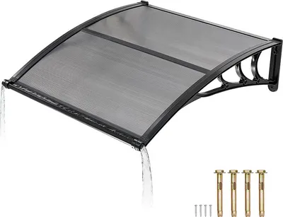 Obrázek produktu pro SucceBuy přístřešek pro vstupní dveře, 965 x 1017 mm, zakřivený design s odvodněním, zastřešení s ABS držákem, ochrana před deštěm, sněhem a sluncem, polykarbonátová střecha pro verandu a terasu, kouřově šedá